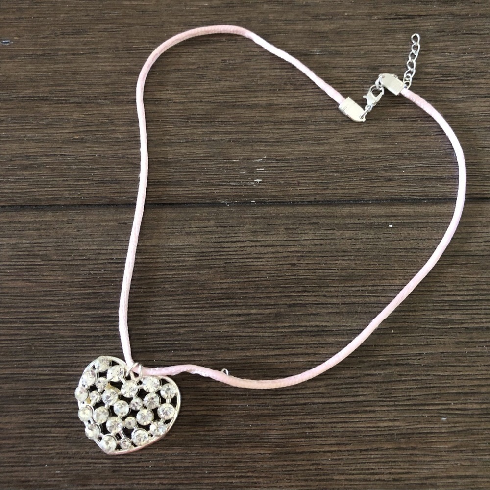 Rhinestone heart on silk cord necklace